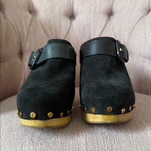 Veronica Beard Black Suede Clogs with Gold Accents